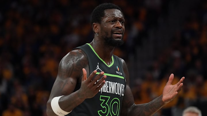 May 10, 2025; San Francisco, California, USA; Minnesota Timberwolves forward-center Julius Randle (30) complains to the referee in the fourth quarter against the Golden State Warriors during game three in the second round for the 2025 NBA Playoffs at Chase Center. Mandatory Credit: David Gonzales-Imagn Images