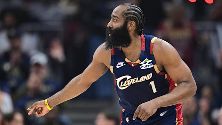 Apr 20, 2026; Cleveland, Ohio, USA; Cleveland Cavaliers guard James Harden (1) celebrates after a three point basket during he second half during game two of the first round of the 2026 NBA Playoffs against the Toronto Raptors at Rocket Arena. Mandatory Credit: David Dermer-Imagn Images