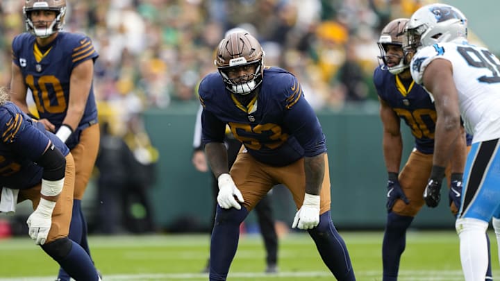 Green Bay Packers offensive tackle Rasheed Walker (63) during the game against the Carolina Panthers Green Bay Packers offensive tackle Rasheed Walker (63) during the game against the Carolina Panthers