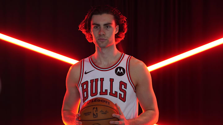 Sep 29, 2025; Chicago, IL, USA; Chicago Bulls guard Josh Giddey (3) poses for photos during Chicago Bulls Media Day. Mandatory Credit: David Banks-Imagn Images