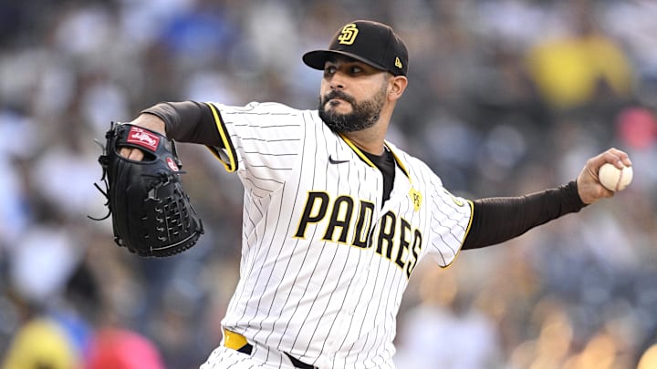 Sep 21, 2024; San Diego, California, USA; San Diego Padres starting pitcher Martin Perez (54) pitches against the Chicago White Sox during the first inning at Petco Park. Mandatory Credit: Orlando Ramirez-Imagn Images