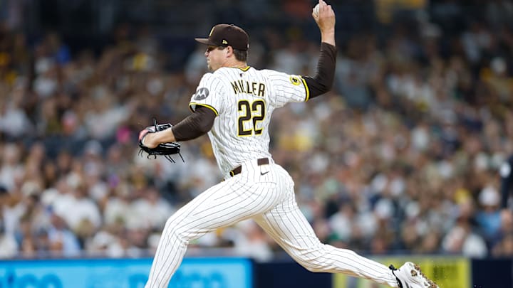 Aug 18, 2025; San Diego, California, USA; San Diego Padres relief pitcher Mason Miller (22) throws a pitch during the ninth inning against the San Francisco Giants at Petco Park. Mandatory Credit: David Frerker-Imagn Images Aug 18, 2025; San Diego, California, USA; San Diego Padres relief pitcher Mason Miller (22) throws a pitch during the ninth inning against the San Francisco Giants at Petco Park. Mandatory Credit: David Frerker-Imagn Images