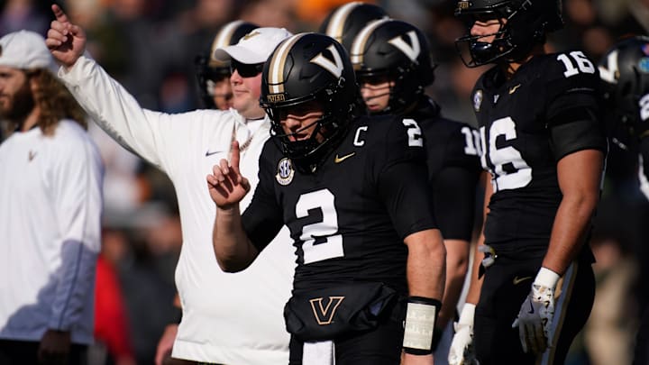 Vanderbilt quarterback Diego Pavia (2) during warmups before playing the University of Tennessee at FirstBank Stadium in Nashville, Tenn., Saturday, Nov. 30, 2024.
