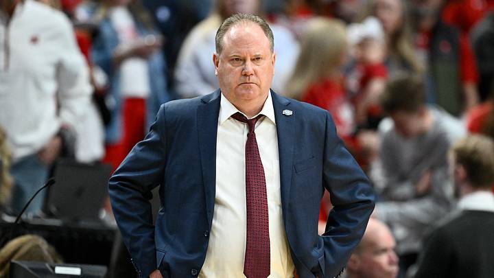 Mar 19, 2026; Portland, OR, USA; Wisconsin Badgers head coach Greg Gard reacts during the second half of a first round game of the men's 2026 NCAA Tournament against the High Point Panthers at Moda Center. Mandatory Credit: Craig Strobeck-Imagn Images
