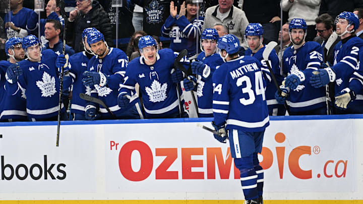 Apr 1, 2024; Toronto, Ontario, CAN; Toronto Maple Leafs forward Auston Matthews (34) celebrates with