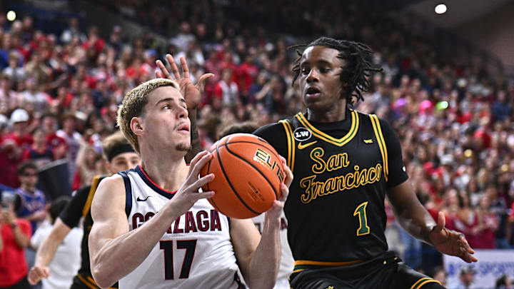Jan 24, 2026; Spokane, Washington, USA; Gonzaga Bulldogs guard Mario Saint-Supery (17) runs the baseline against San Francisco Dons forward Mookie Cook (1) in the first half at McCarthey Athletic Center. Mandatory Credit: James Snook-Imagn Images