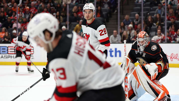 Timo Meier of the New Jersey Devils waits for a pass from Nico Hischier