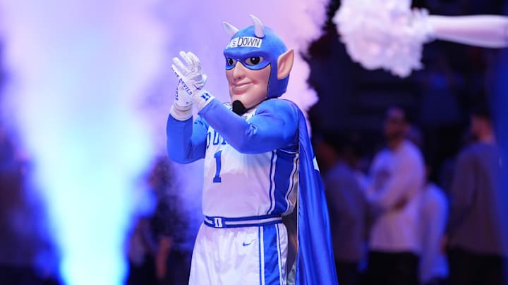 Mar 15, 2025; Charlotte, NC, USA; Duke Blue Devils mascot in the first half of the 2025 ACC Conference Championship game against the Louisville Cardinals at Spectrum Center. Mandatory Credit: Jim Dedmon-Imagn Images
