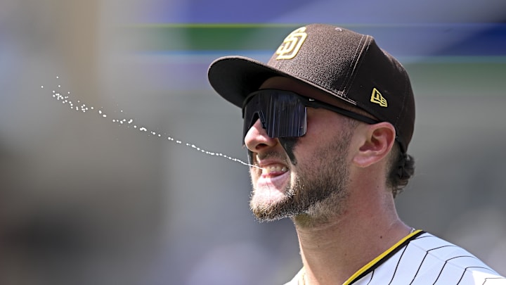 Apr 1, 2026; San Diego, California, USA; San Diego Padres center fielder Jackson Merrill (3) comes off the field during the sixth inning against the San Francisco Giants at Petco Park. Mandatory Credit: Denis Poroy-Imagn Images