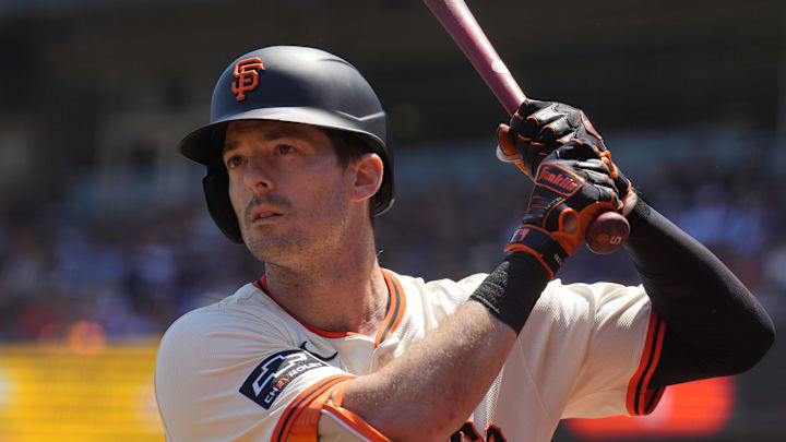 Jul 12, 2025; San Francisco, California, USA; San Francisco Giants right fielder Mike Yastrzemski (5) prepares to bat against the Los Angeles Dodgers during the fifth inning at Oracle Park. Mandatory Credit: Darren Yamashita-Imagn Images Jul 12, 2025; San Francisco, California, USA; San Francisco Giants right fielder Mike Yastrzemski (5) prepares to bat against the Los Angeles Dodgers during the fifth inning at Oracle Park. Mandatory Credit: Darren Yamashita-Imagn Images