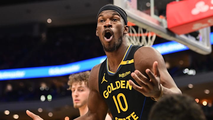 Feb 10, 2025; Milwaukee, Wisconsin, USA; Golden State Warriors forward Jimmy Butler (10) reacts in the fourth quarter against the Milwaukee Bucks at Fiserv Forum. Mandatory Credit: Benny Sieu-Imagn Images Feb 10, 2025; Milwaukee, Wisconsin, USA; Golden State Warriors forward Jimmy Butler (10) reacts in the fourth quarter against the Milwaukee Bucks at Fiserv Forum. Mandatory Credit: Benny Sieu-Imagn Images
