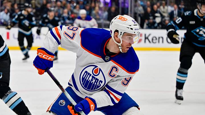 Oct 17, 2026; Salt Lake City, Utah, USA; Edmonton Oilers center Connor McDavid (97) makes a quick move with the puck around Utah Mammoth defenseman John Marino (6) during first period at Delta Center. Mandatory Credit: Peter Creveling-Imagn Images Oct 17, 2026; Salt Lake City, Utah, USA; Edmonton Oilers center Connor McDavid (97) makes a quick move with the puck around Utah Mammoth defenseman John Marino (6) during first period at Delta Center. Mandatory Credit: Peter Creveling-Imagn Images