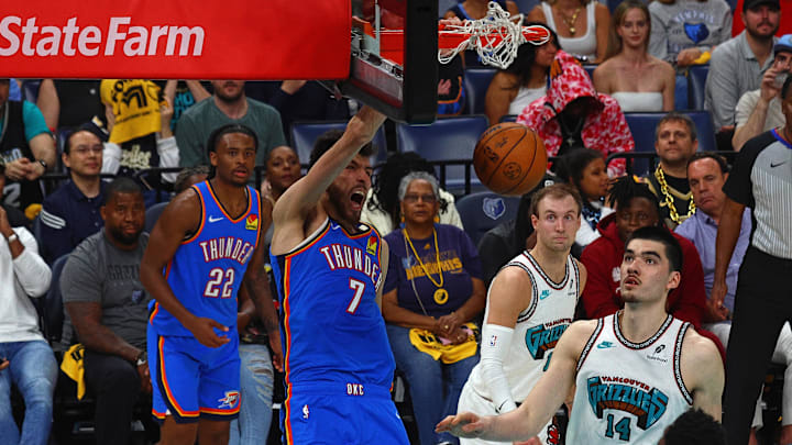 Apr 24, 2025; Memphis, Tennessee, USA; Oklahoma City Thunder forward Chet Holmgren (7) dunks during the second half against the Memphis Grizzlies during game three for the first round of the 2024 NBA Playoffs at FedExForum. Mandatory Credit: Petre Thomas-Imagn Images Apr 24, 2025; Memphis, Tennessee, USA; Oklahoma City Thunder forward Chet Holmgren (7) dunks during the second half against the Memphis Grizzlies during game three for the first round of the 2024 NBA Playoffs at FedExForum. Mandatory Credit: Petre Thomas-Imagn Images