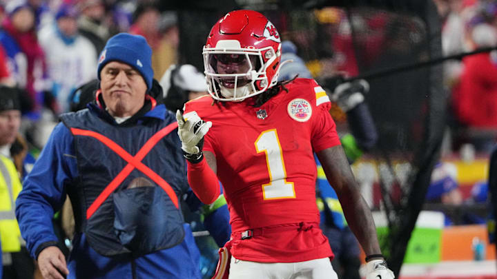 Jan 26, 2025; Kansas City, MO, USA; Kansas City Chiefs wide receiver Xavier Worthy (1) reacts against the Buffalo Bills during the first half in the AFC Championship game at GEHA Field at Arrowhead Stadium. Mandatory Credit: Denny Medley-Imagn Images Jan 26, 2025; Kansas City, MO, USA; Kansas City Chiefs wide receiver Xavier Worthy (1) reacts against the Buffalo Bills during the first half in the AFC Championship game at GEHA Field at Arrowhead Stadium. Mandatory Credit: Denny Medley-Imagn Images