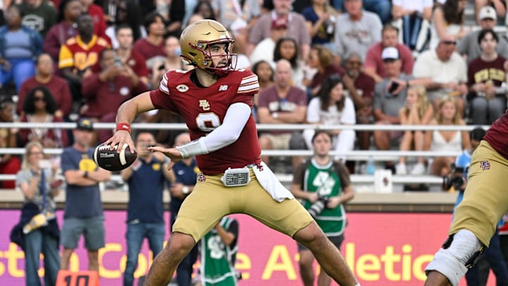 Sep 27, 2025; Chestnut Hill, Massachusetts, USA; Boston College Eagles quarterback Dylan Lonergan (9) passes the ball against the California Golden Bears during the second half at Alumni Stadium. Mandatory Credit: Eric Canha-Imagn Images Sep 27, 2025; Chestnut Hill, Massachusetts, USA; Boston College Eagles quarterback Dylan Lonergan (9) passes the ball against the California Golden Bears during the second half at Alumni Stadium. Mandatory Credit: Eric Canha-Imagn Images