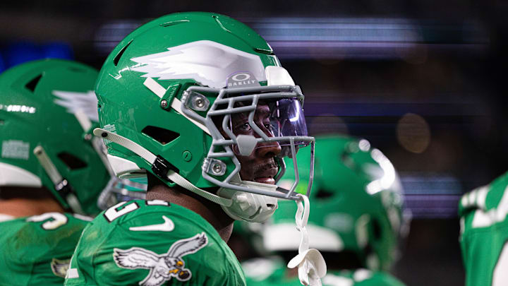 Nov 3, 2024; Philadelphia, Pennsylvania, USA; Philadelphia Eagles cornerback Quinyon Mitchell (27) looks on during a game against the Jacksonville Jaguars at Lincoln Financial Field. Mandatory Credit: Bill Streicher-Imagn Images Nov 3, 2024; Philadelphia, Pennsylvania, USA; Philadelphia Eagles cornerback Quinyon Mitchell (27) looks on during a game against the Jacksonville Jaguars at Lincoln Financial Field. Mandatory Credit: Bill Streicher-Imagn Images