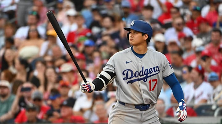 Apr 4, 2026; Washington, District of Columbia, USA; Los Angeles Dodgers designated hitter Shohei Ohtani (17) at bat against the Washington Nationals during the seventh inning at Nationals Park. Mandatory Credit: Brad Mills-Imagn Images