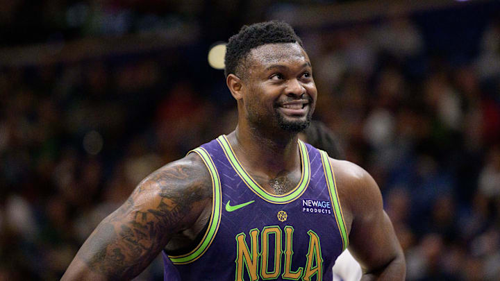 Mar 17, 2025; New Orleans, Louisiana, USA; New Orleans Pelicans forward Zion Williamson (1) reacts during the first half against the Detroit Pistons at Smoothie King Center. Mandatory Credit: Matthew Hinton-Imagn Images Mar 17, 2025; New Orleans, Louisiana, USA; New Orleans Pelicans forward Zion Williamson (1) reacts during the first half against the Detroit Pistons at Smoothie King Center. Mandatory Credit: Matthew Hinton-Imagn Images