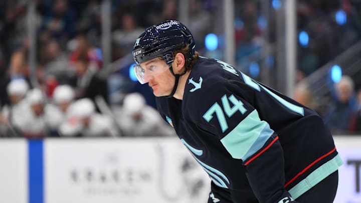 Mar 15, 2026; Seattle, Washington, USA; Seattle Kraken center Bobby McMann (74) during the second period against the Florida Panthers at Climate Pledge Arena. Mandatory Credit: Steven Bisig-Imagn Images Mar 15, 2026; Seattle, Washington, USA; Seattle Kraken center Bobby McMann (74) during the second period against the Florida Panthers at Climate Pledge Arena. Mandatory Credit: Steven Bisig-Imagn Images