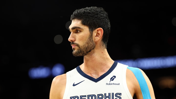 Oct 29, 2025; Phoenix, Arizona, USA; Memphis Grizzlies forward Santi Aldama (7) against the Phoenix Suns at the Mortgage Matchup Center. Mandatory Credit: Mark J. Rebilas-Imagn Images