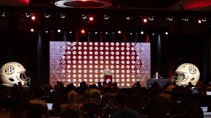 Jul 18, 2024; Dallas, TX, USA; Texas A&M head coach Mike Elko speaks at Omni Dallas Hotel. Mandatory Credit: Brett Patzke-USA TODAY Sports