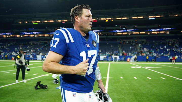 Dec 28, 2025; Indianapolis, Indiana, USA; Indianapolis Colts quarterback Philip Rivers (17) reacts after a game against the Jacksonville Jaguars at Lucas Oil Stadium.