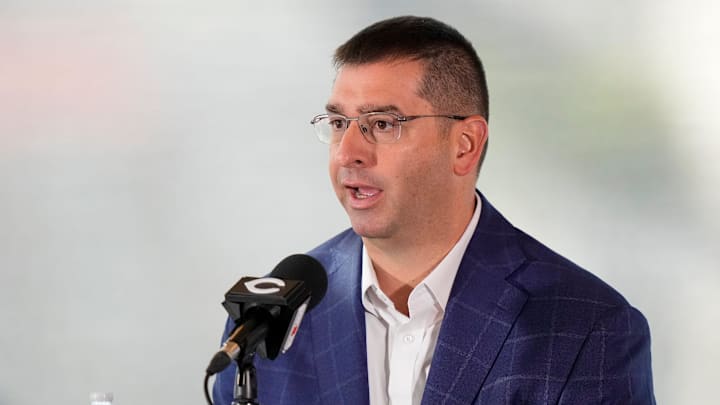 President of Baseball Operations Nick Krall takes questions during an event to introduce the new manager of the Cincinnati Reds at Great American Ball Park in downtown Cincinnati on Monday, Oct. 7, 2024.