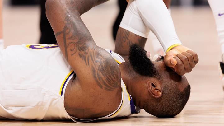 Apr 20, 2024; Denver, Colorado, USA; Los Angeles Lakers forward LeBron James (23) reacts on the Apr 20, 2024; Denver, Colorado, USA; Los Angeles Lakers forward LeBron James (23) reacts on the