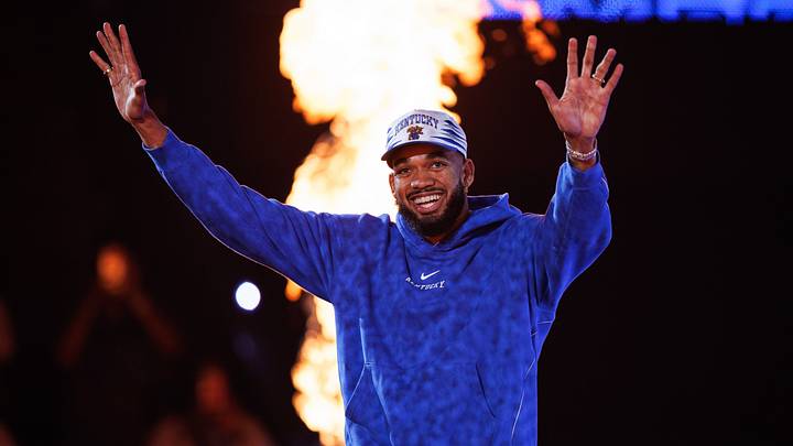 Former Kentucky Wildcat and current New York Knicks player Karl-Anthony Towns is introduced to the crowd during Big Blue Madness at Rupp Arena at Central Bank Center.