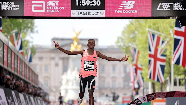 Kenya’s Sabastian Sawe broke the marathon record in London by 65 seconds.