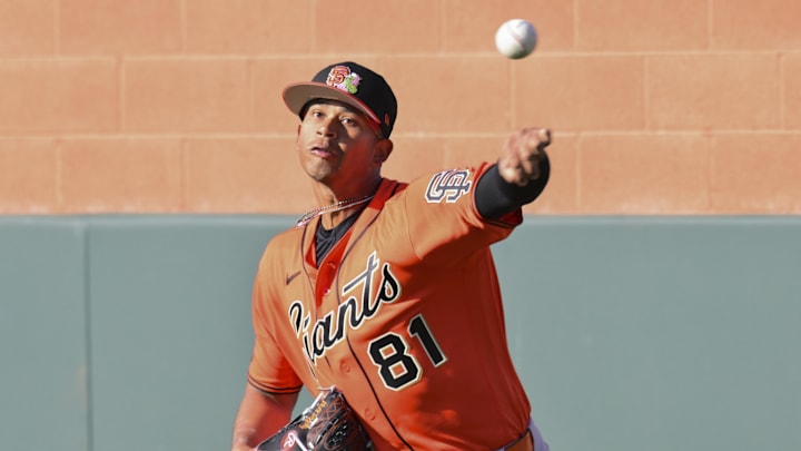 Feb 10, 2026; Scottsdale, AZ, USA; San Francisco Giants pitcher Juan Sanchez (81) throws during a Spring Training workout at Scottsdale Stadium Mandatory Credit: Matt Kartozian-Imagn Images Feb 10, 2026; Scottsdale, AZ, USA; San Francisco Giants pitcher Juan Sanchez (81) throws during a Spring Training workout at Scottsdale Stadium Mandatory Credit: Matt Kartozian-Imagn Images