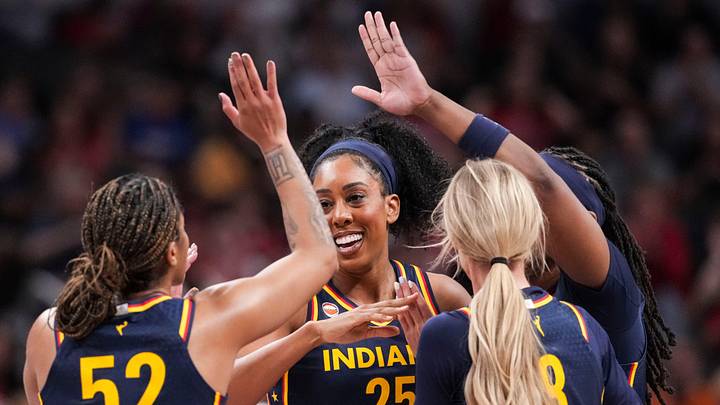 The Indiana Fever high-five Saturday, June 27, 2026, during the first half of a game at Gainbridge Fieldhouse in Indianapolis.