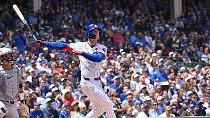 May 26, 2025; Chicago, Illinois, USA; Chicago Cubs center fielder Pete Crow-Armstrong (4) at bat during a game against the Colorado Rockies at Wrigley Field. Mandatory Credit: Patrick Gorski-Imagn Images