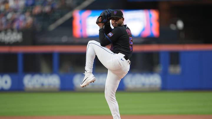 May 29, 2026; New York City, New York, USA; New York Mets pitcher Freddy Peralta (51) delivers a pitch against the Miami Marlins during the first inning at Citi Field. Mandatory Credit: Gregory Fisher-Imagn Images