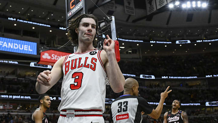 Apr 4, 2025; Chicago, Illinois, USA;  Chicago Bulls guard Josh Giddey (3) after being fouled by the Portland Trail Blazers during the second half at the United Center. Mandatory Credit: Matt Marton-Imagn Images