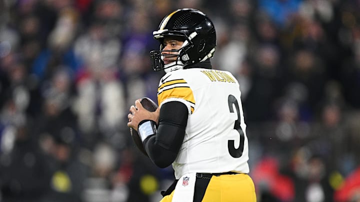 Pittsburgh Steelers quarterback Russell Wilson (3) looks to pass in the first quarter against the Baltimore Ravens in an AFC wild card game at M&T Bank Stadium. Pittsburgh Steelers quarterback Russell Wilson (3) looks to pass in the first quarter against the Baltimore Ravens in an AFC wild card game at M&T Bank Stadium.