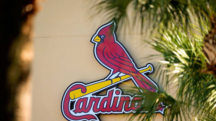 Feb 26, 2021; Jupiter, Florida, USA; A general view of the St. Louis Cardinals logo on the stadium at Roger Dean Stadium during spring training workouts. Mandatory Credit: Jasen Vinlove-USA TODAY Sports