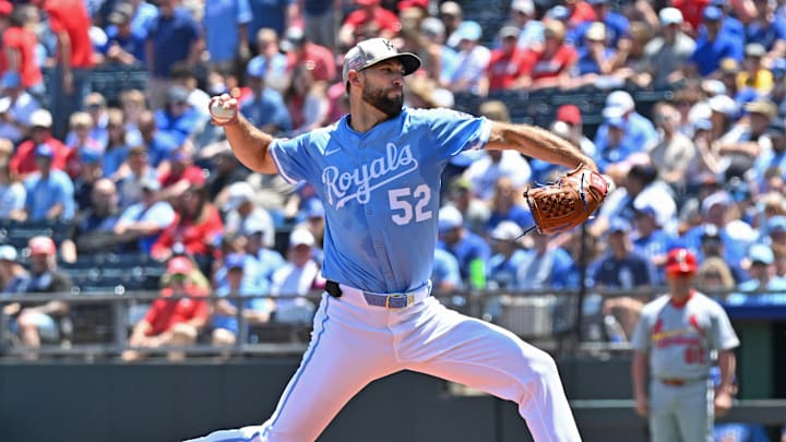 May 18, 2025; Kansas City, Missouri, USA; Kansas City Royals starting pitcher Michael Wacha (52) throws a pitch in the first inning against the St. Louis Cardinals at Kauffman Stadium. Mandatory Credit: Peter Aiken-Imagn Images May 18, 2025; Kansas City, Missouri, USA; Kansas City Royals starting pitcher Michael Wacha (52) throws a pitch in the first inning against the St. Louis Cardinals at Kauffman Stadium. Mandatory Credit: Peter Aiken-Imagn Images
