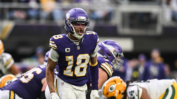 Jan 4, 2026; Minneapolis, Minnesota, USA; Minnesota Vikings wide receiver Justin Jefferson (18) in action during the game against the Green Bay Packers at U.S. Bank Stadium. Mandatory Credit: Jeffrey Becker-Imagn Images