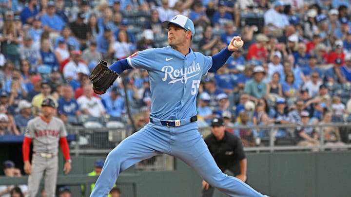 Kansas City Royals starting pitcher Cole Ragans (55) throws a pitch in the first inning against the Boston Red Sox at Kauffman Stadium on May 10.
