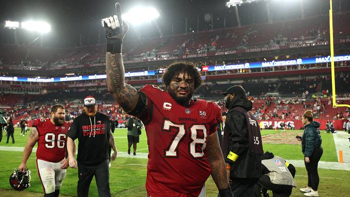 Jan 3, 2026; Tampa, Florida, USA; Tampa Bay Buccaneers offensive tackle Tristan Wirfs (78) celebrates after defeating the Carolina Panthers at Raymond James Stadium. Mandatory Credit: Nathan Ray Seebeck-Imagn Images Jan 3, 2026; Tampa, Florida, USA; Tampa Bay Buccaneers offensive tackle Tristan Wirfs (78) celebrates after defeating the Carolina Panthers at Raymond James Stadium. Mandatory Credit: Nathan Ray Seebeck-Imagn Images