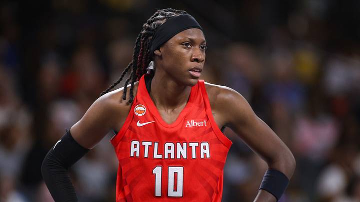 Jul 13, 2026; College Park, Georgia, USA; Atlanta Dream guard Rhyne Howard (10) in action against the Los Angeles Sparks in the second quarter at Gateway Center Arena at College Park. Mandatory Credit: Brett Davis-Imagn Images