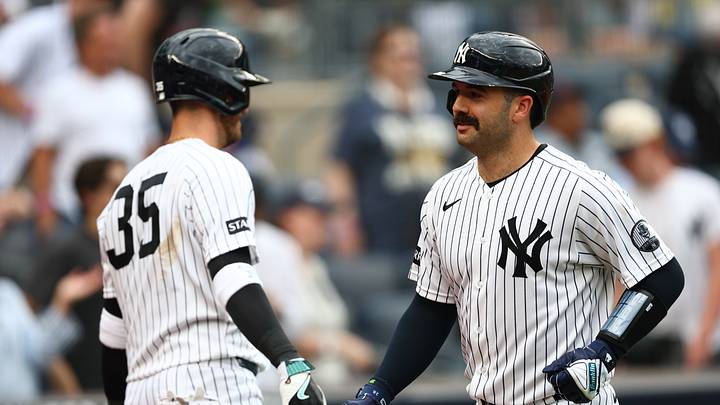 Aug 30, 2026; Bronx, New York, USA;  New York Yankees catcher Austin Wells (28) is congratulated by outfielder Cody Bellinger (35) after hitting a home run during the eighth inning against the Boston Red Sox at Yankee Stadium.  Mandatory Credit: Vincent Carchietta-Imagn Images