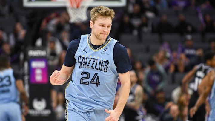 Feb 4, 2026; Sacramento, California, USA; Memphis Grizzlies guard Cam Spencer (24) celebrates after making a three point shot against the Sacramento Kings during the fourth quarter at Golden 1 Center. Mandatory Credit: Ed Szczepanski-Imagn Images