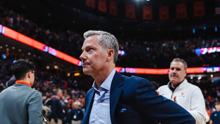Feb 7, 2026; Charlottesville, Virginia, USA; Virginia Cavaliers head coach Ryan Odom walks off the court after the conclusion of the game against the Syracuse Orange at John Paul Jones Arena. Mandatory Credit: Emily Faith Morgan-Imagn Images Feb 7, 2026; Charlottesville, Virginia, USA; Virginia Cavaliers head coach Ryan Odom walks off the court after the conclusion of the game against the Syracuse Orange at John Paul Jones Arena. Mandatory Credit: Emily Faith Morgan-Imagn Images