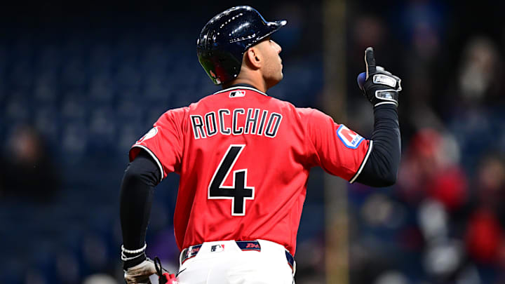 Apr 6, 2026; Cleveland, Ohio, USA; Cleveland Guardians shortstop Brayan Rocchio (4) runs the bases after hitting a solo home run off Kansas City Royals relief pitcher Matt Strahm (25) during the eighth inning at Progressive Field. Mandatory Credit: David Dermer-Imagn Images