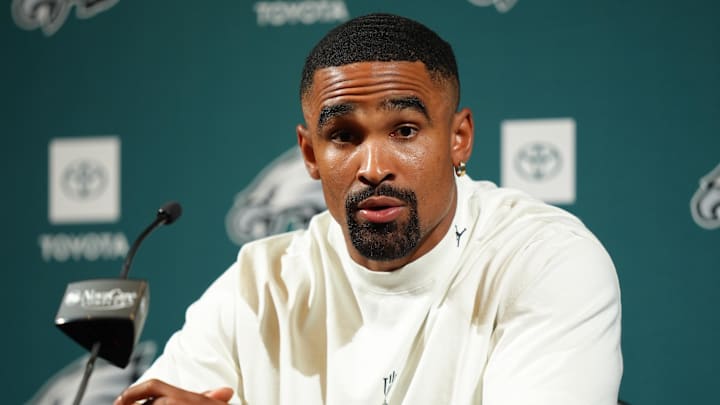 Jun 10, 2025; Philadelphia, PA, USA; Philadelphia Eagles quarterback Jalen Hurts (1) addresses media during a press conference at NovaCare Complex. Mandatory Credit: Kyle Ross-Imagn Images