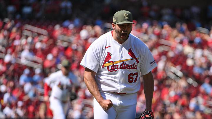 May 17, 2026; St. Louis, Missouri, USA; St. Louis Cardinals pitcher Matt Pushard (67) reacts after an inning ending double play against the Kansas City Royals during the ninth inning at Busch Stadium. Mandatory Credit: Jeff Curry-Imagn Images
