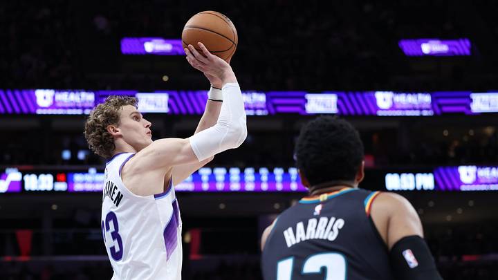 Dec 26, 2025; Salt Lake City, Utah, USA; Utah Jazz forward Lauri Markkanen (23) takes a shot against the Detroit Pistons during the second half at Delta Center. Mandatory Credit: Rob Gray-Imagn Images
