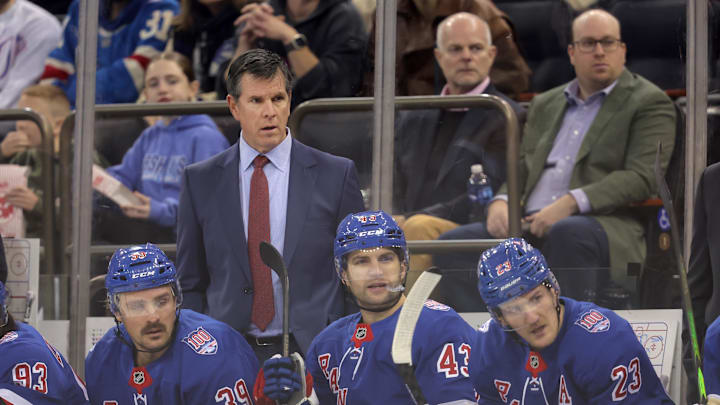 Nov 10, 2025; New York, New York, USA; New York Rangers head coach Mike Sullivan coaches against the Nashville Predators during the first period at Madison Square Garden. Mandatory Credit: Brad Penner-Imagn Images Nov 10, 2025; New York, New York, USA; New York Rangers head coach Mike Sullivan coaches against the Nashville Predators during the first period at Madison Square Garden. Mandatory Credit: Brad Penner-Imagn Images